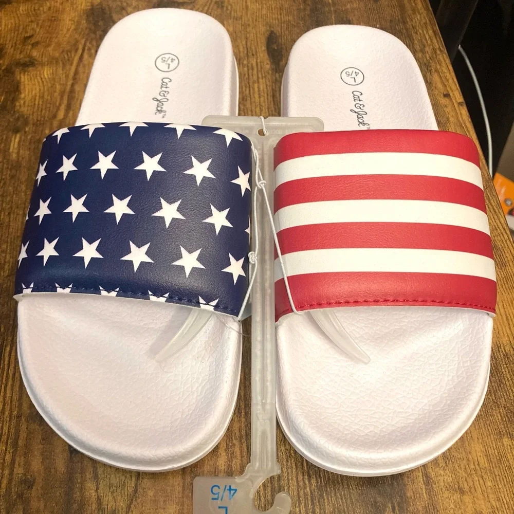 Kids' Devon Slides - Cat & Jack™ Blue Slip-on Sandals flag Large (4/5) New